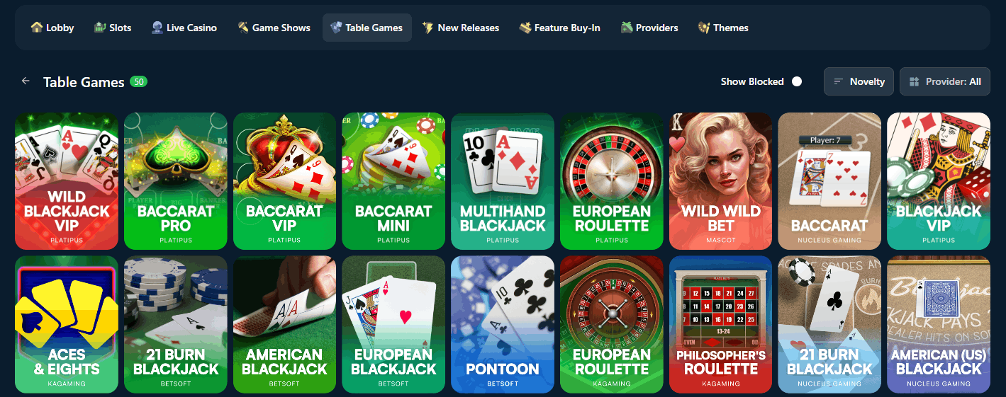Wild.io Casino table games