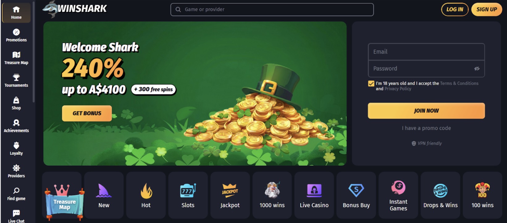 WinShark casino welcome bonus