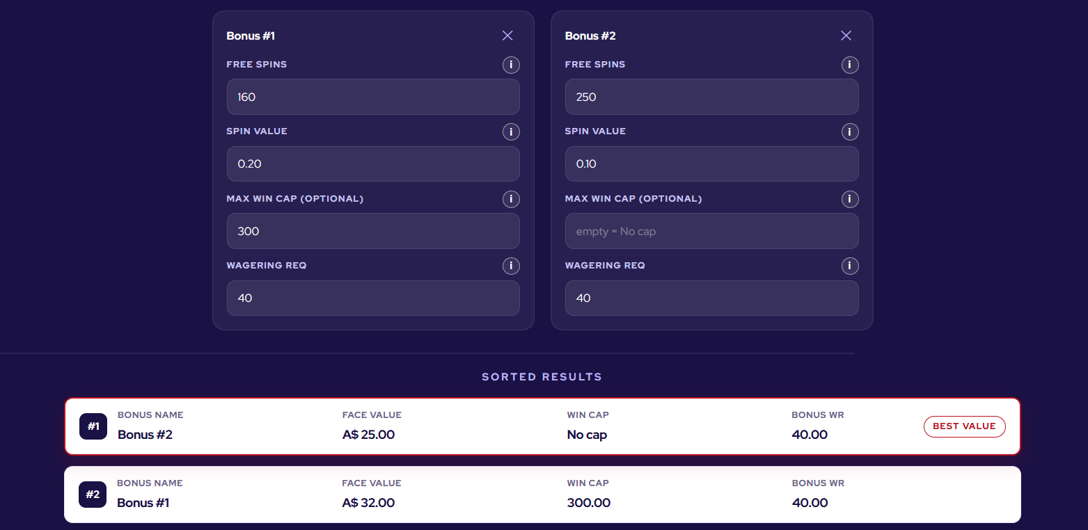 Free Spins Bonus Comparison Tool example