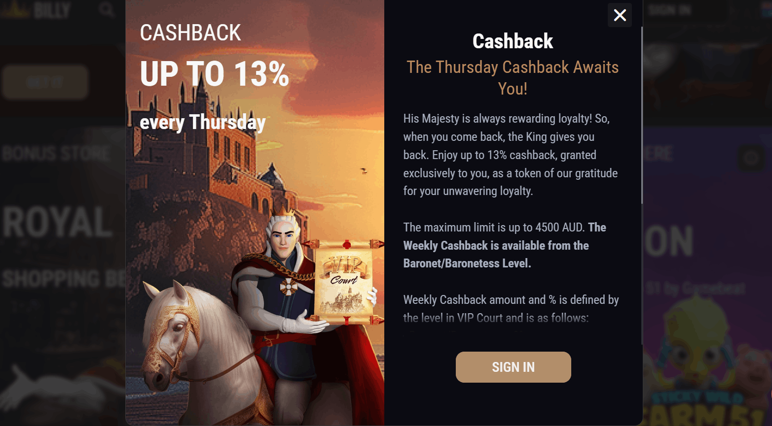 King Billy casino cashback