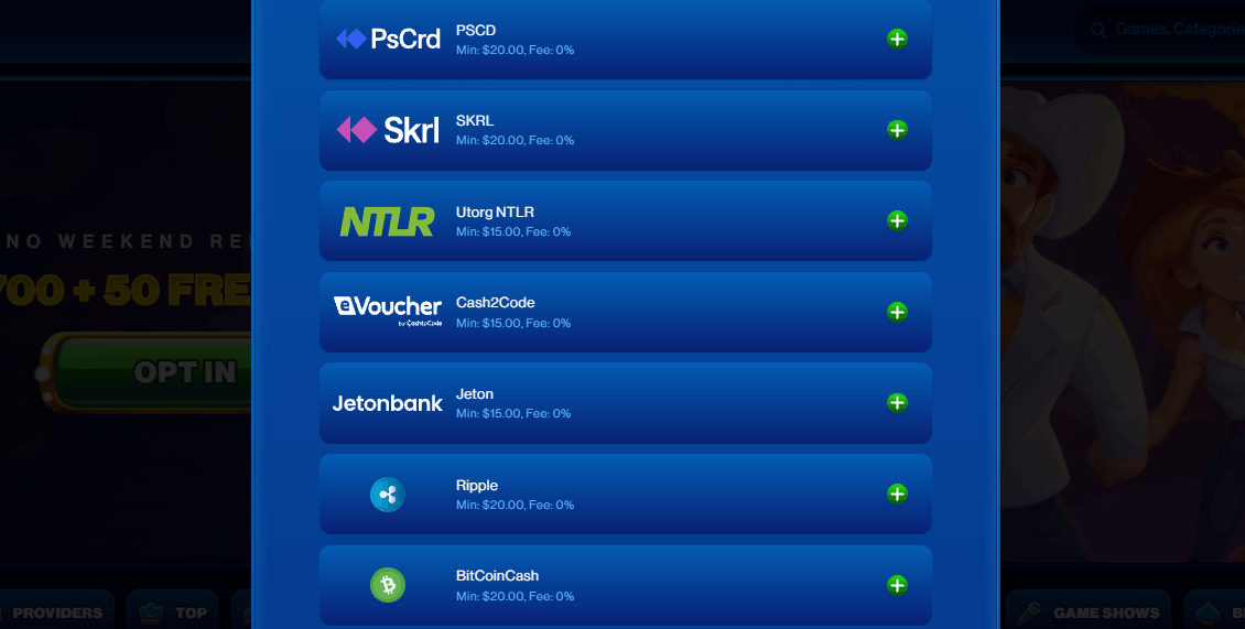 Spins of Glory Casino payment methods