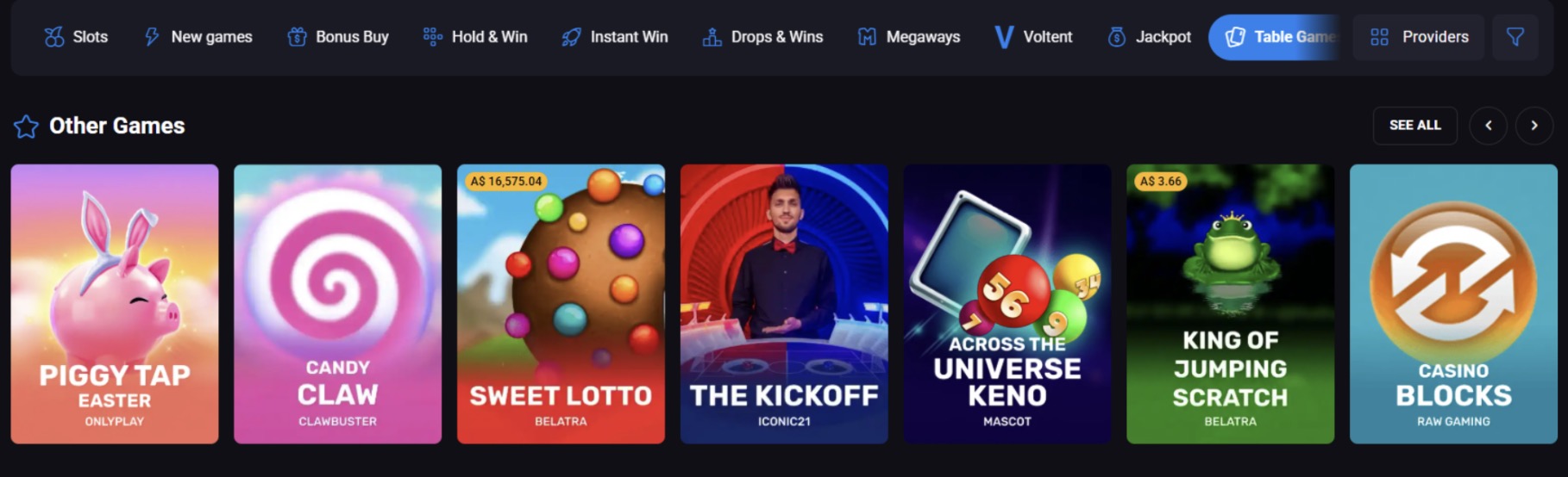 Lucky Vibe table games tab bugged