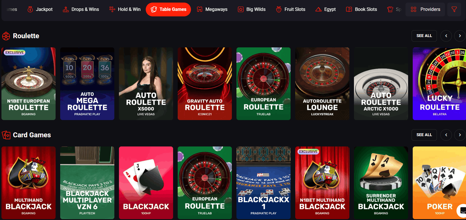 N1Bet Casino table games