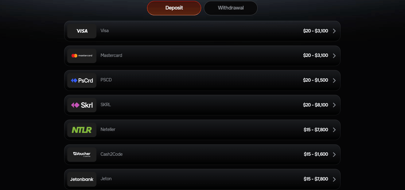 Revolution Casino payment methods