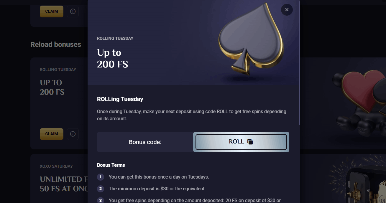 RollXO Casino Tuesday free spins