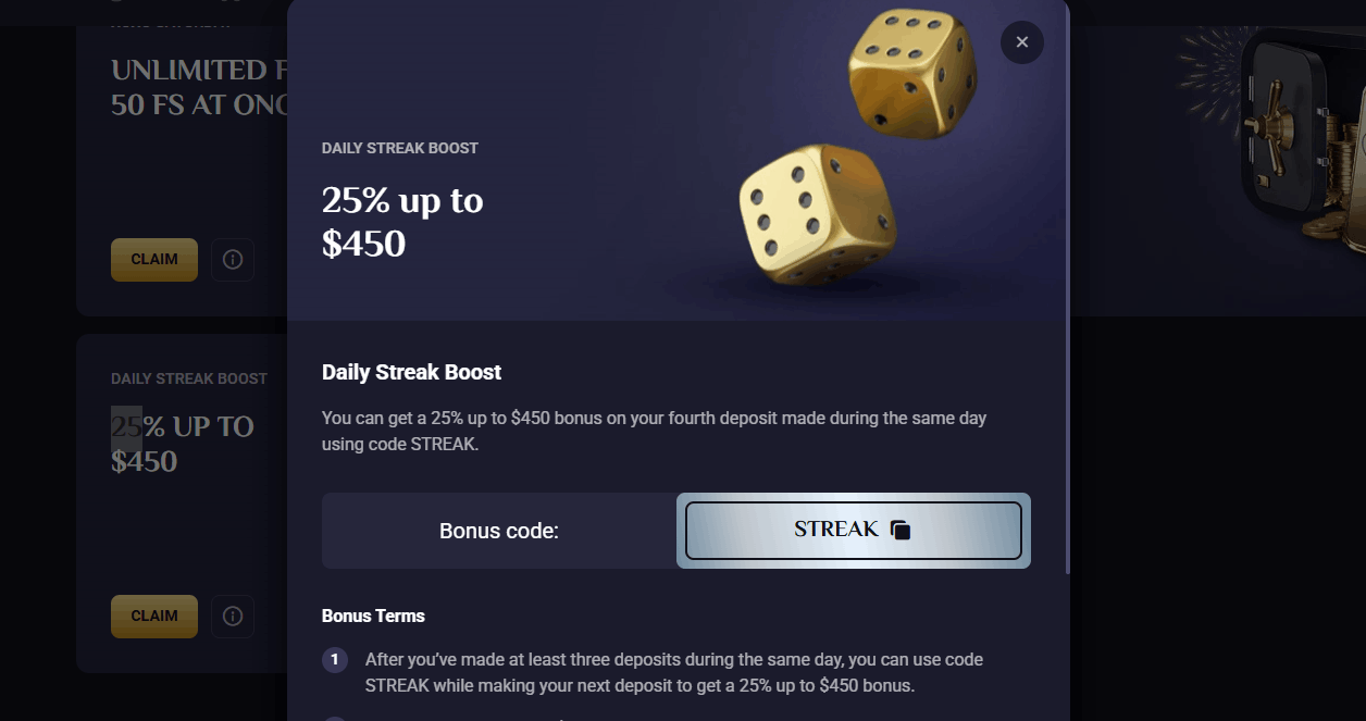 RollXO Casino daily streak boost