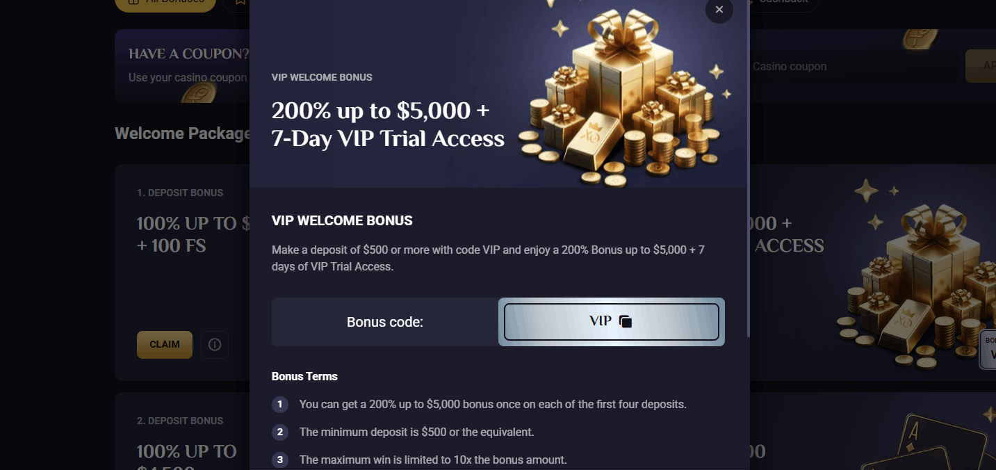 RollXO Casino VIP welcome bonus