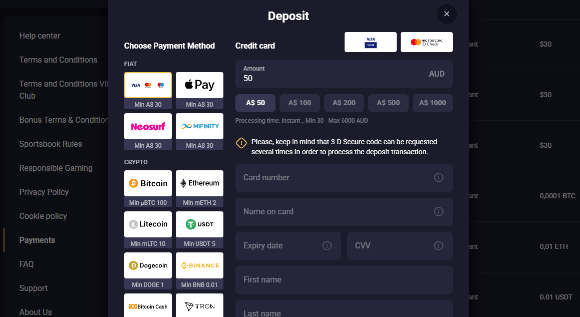 RollXO Casino deposit payment methods available