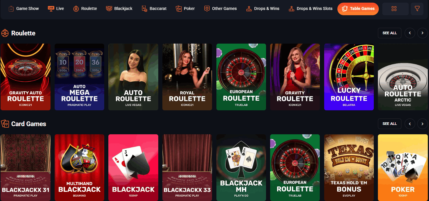 SlotLords Casino table games