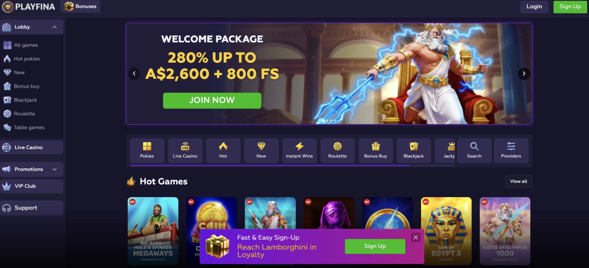 Playfina Casino welcome package