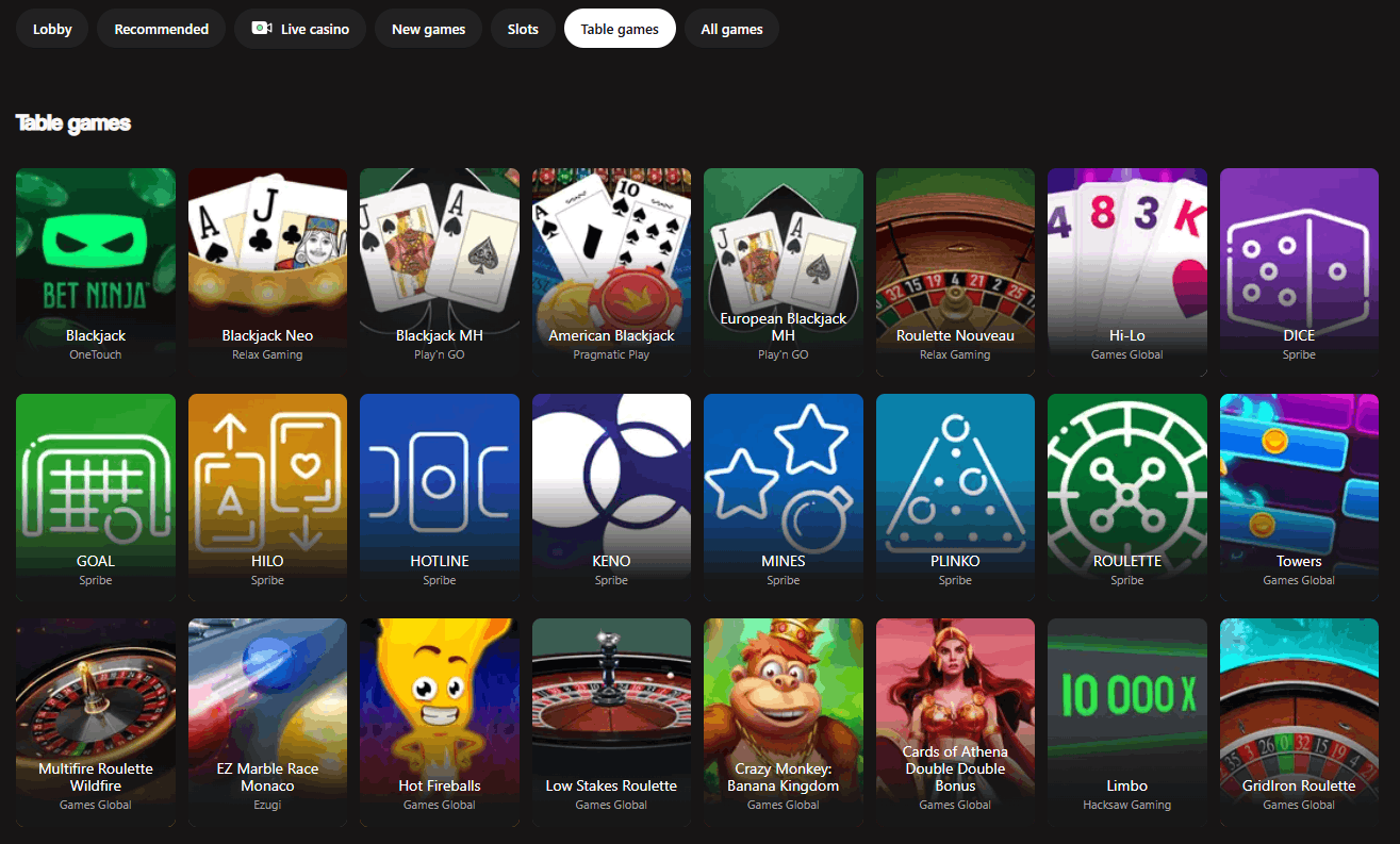 BetNinja Casino table games
