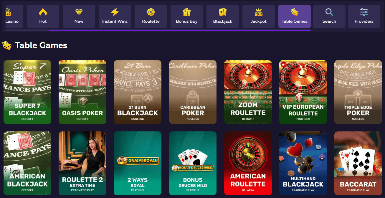 Playfina Casino table games