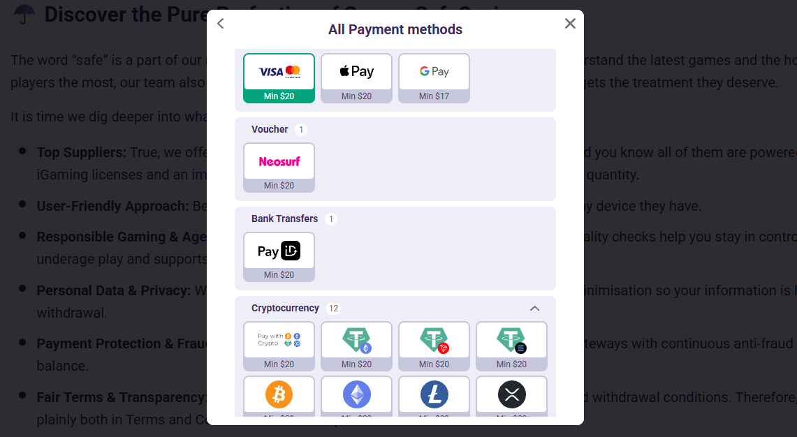 SafeCasino payment methods