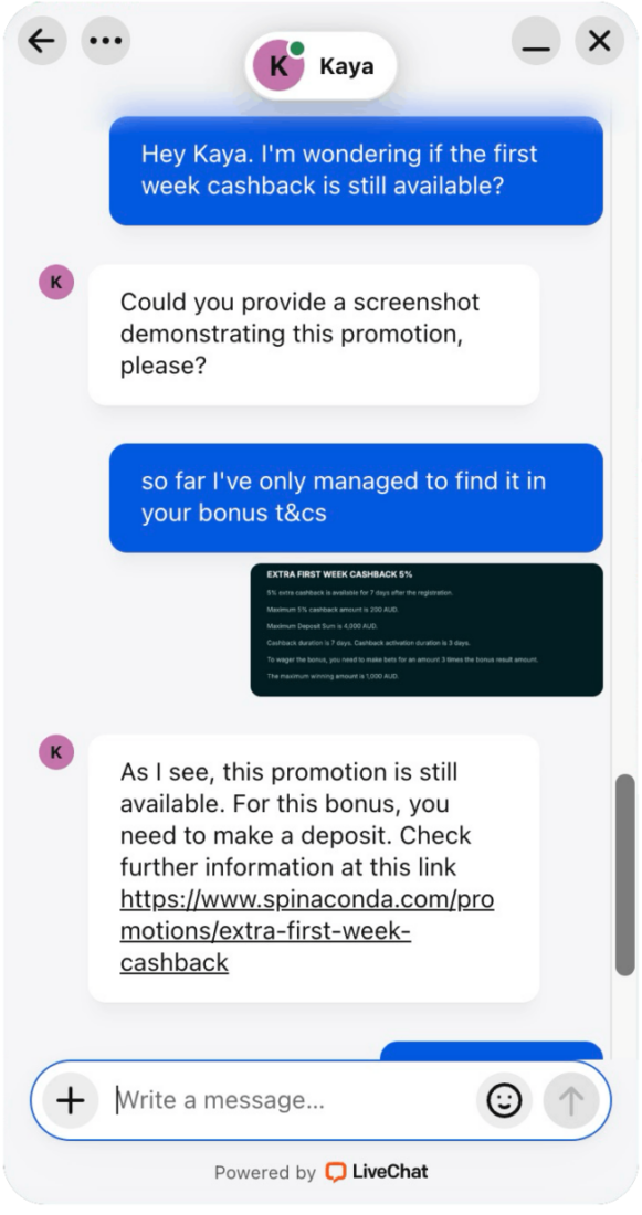 Spinaconda customer support live chat with agent Kaya