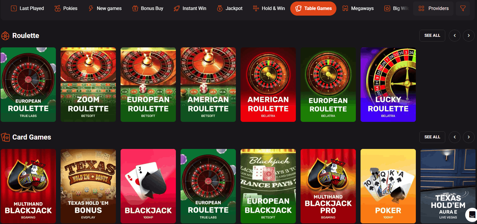 HollyWin casino table games