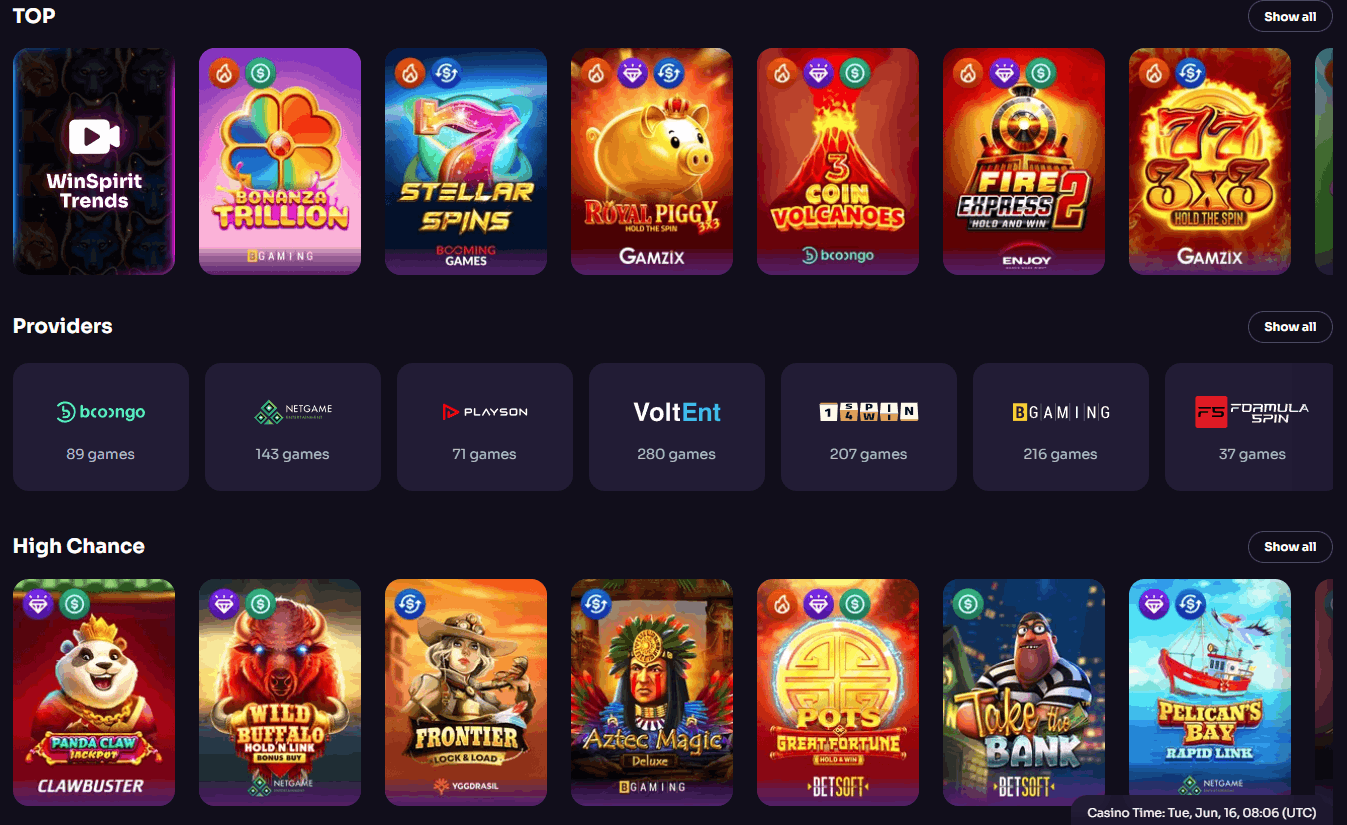 WinSpirit casino real money games
