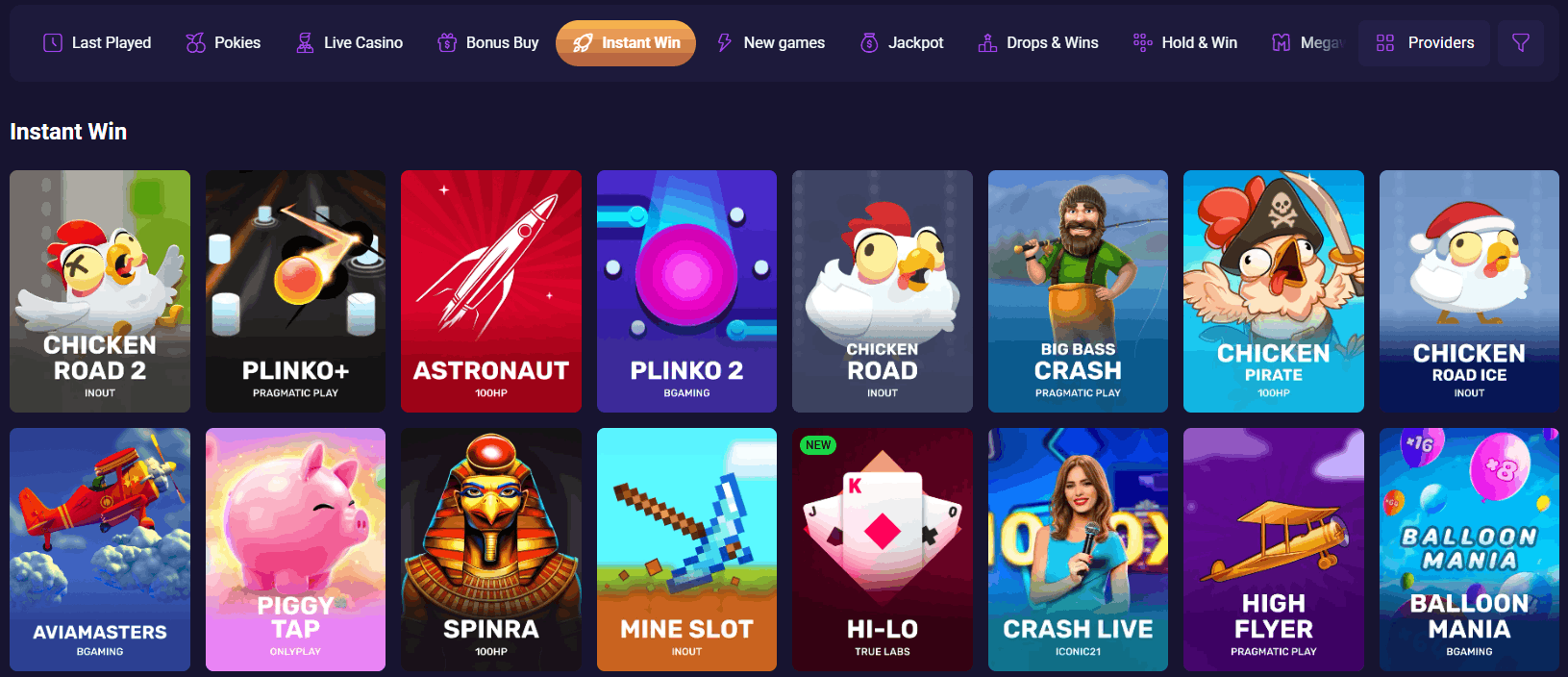 Spirit Casino instant win games