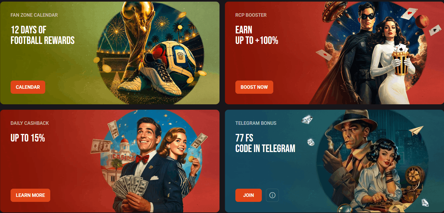 HollyWin Casino daily cashback, telegram bonus, RCP booster and fan zone calendar