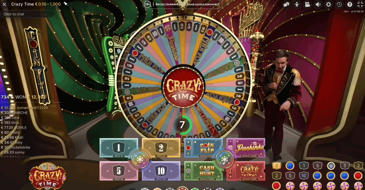 Crazy Time placing bets on segments