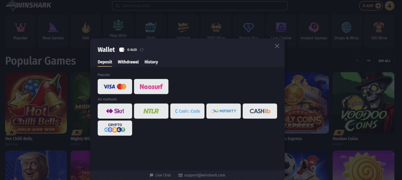 WinShark Casino neosurf deposit 