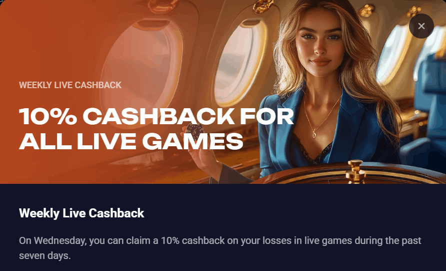 Jet4Bet casino weekly live cashback bonus