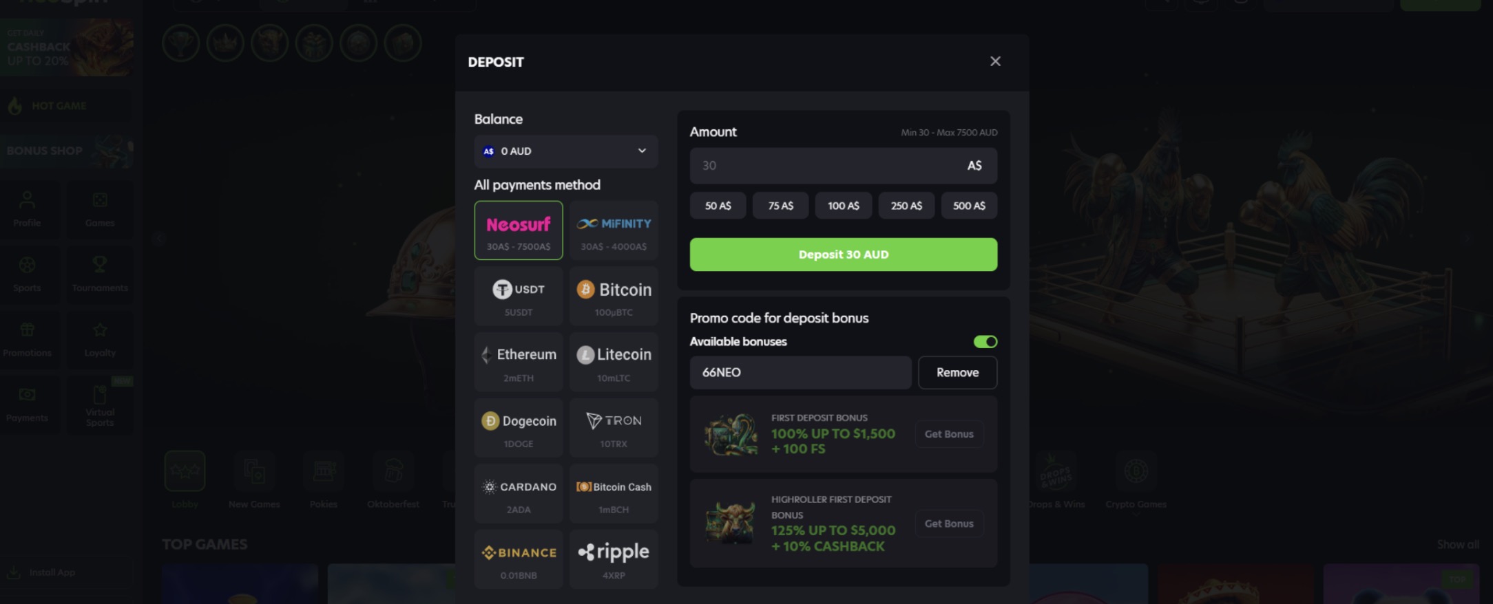 Neospin Casino deposit with Neosurf