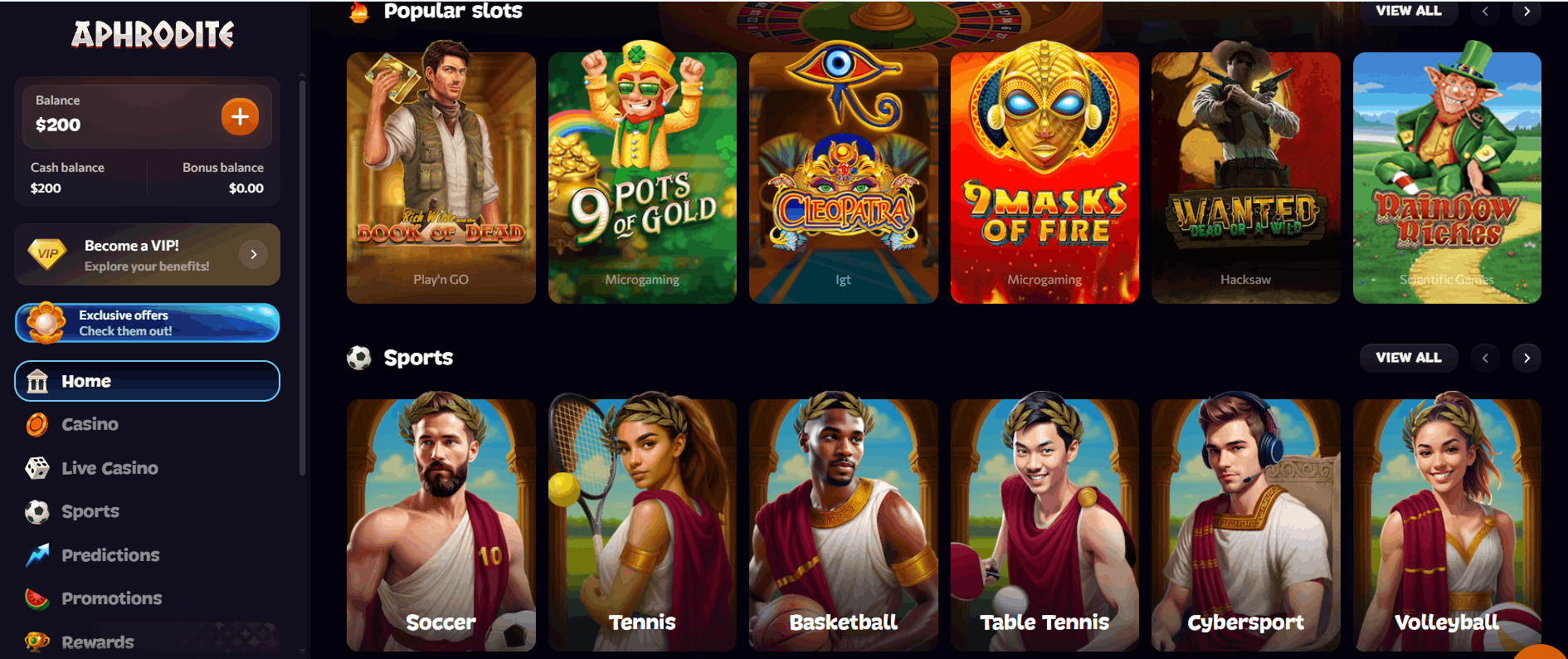 Aphrodite Casino popular pokies and sports