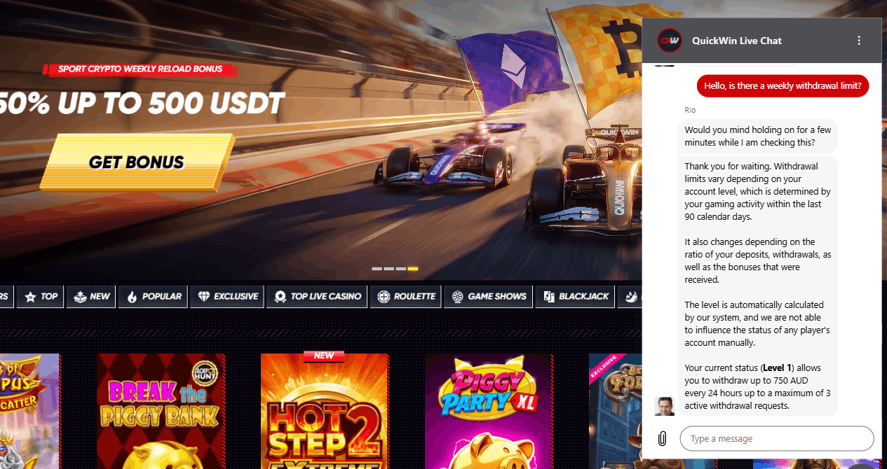 QuickWin Casino customer support chat