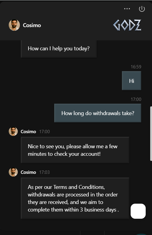 Godz Casino customer support chat