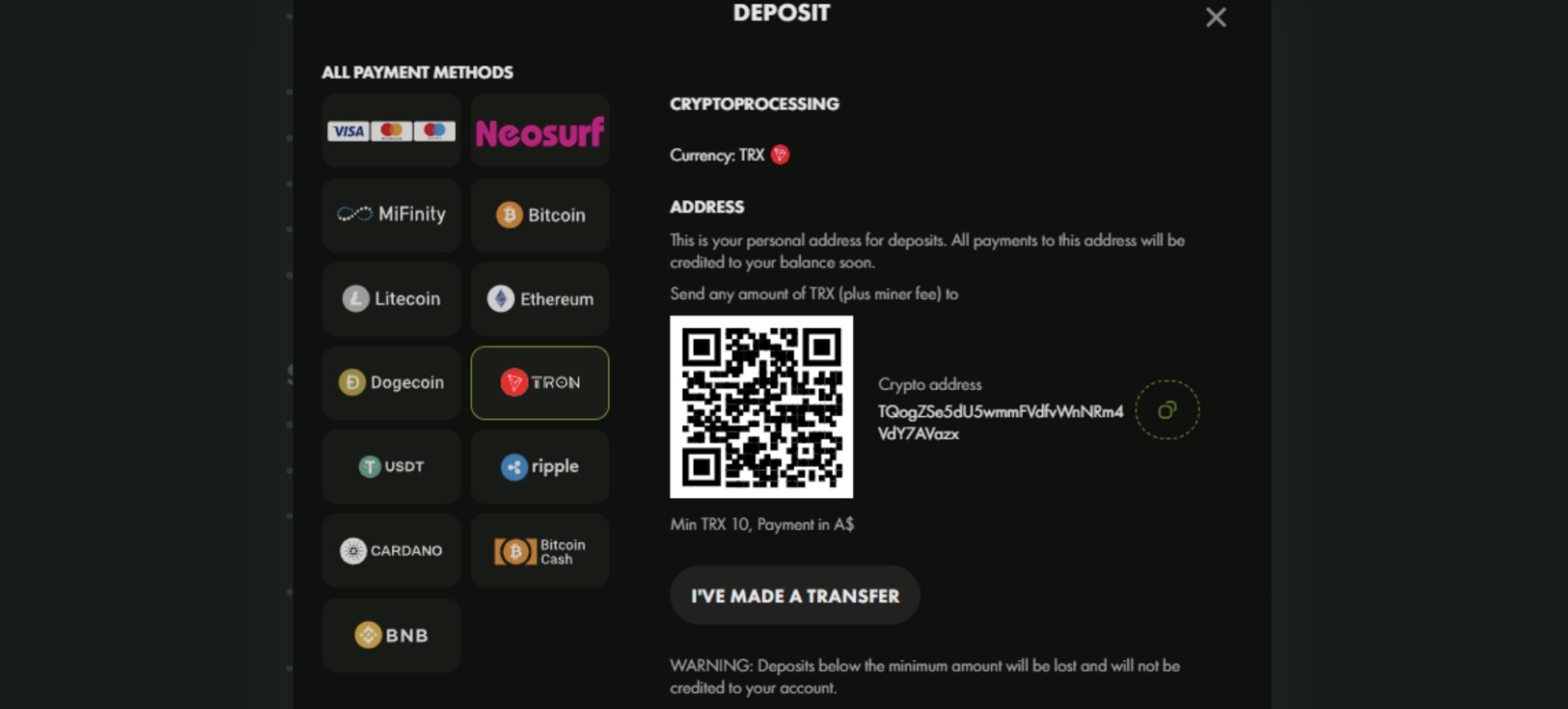 WinCrown casino deposit payment methods